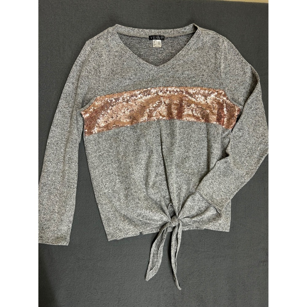Venus Top Womens S Grey Sequin Front Tie V-Neck Long Sleeve Casual Sparkle
